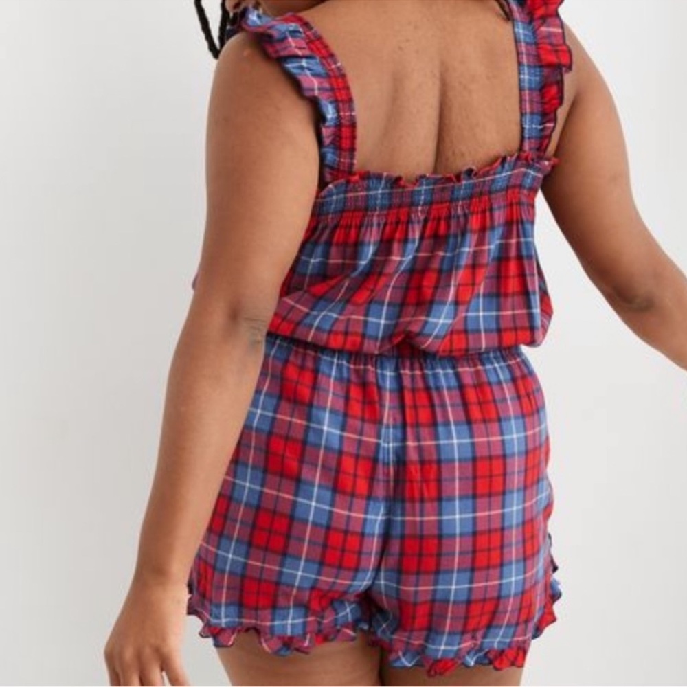 Aerie plaid flannel sleep pajama Romper red and blue size medium NWT - Picture 8 of 8